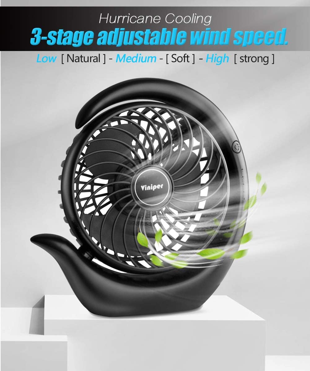 Viniper Portable Rechargeable Fan - 3 Speed Battery Desk Fan with 180° Rotation | 6.2 Inch, Black