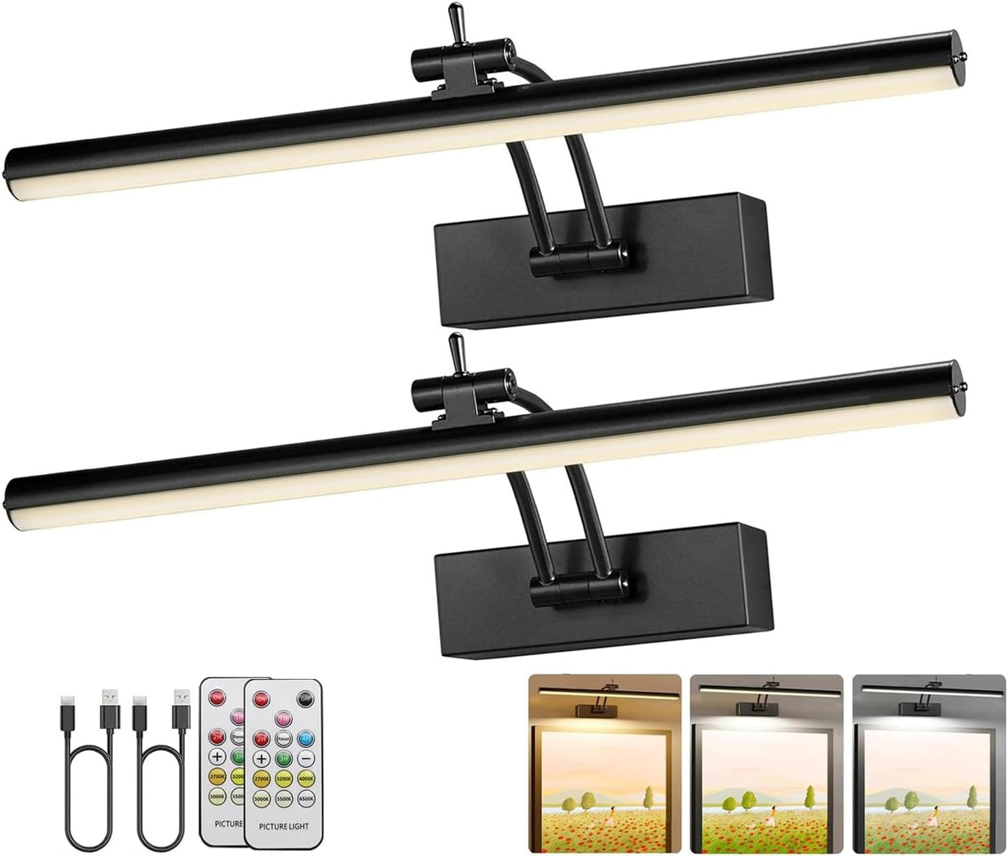 Yuichoy Picture Lights - 12 Inch Wireless Art Lighting with Remote | Dimmable Battery Operated, Black