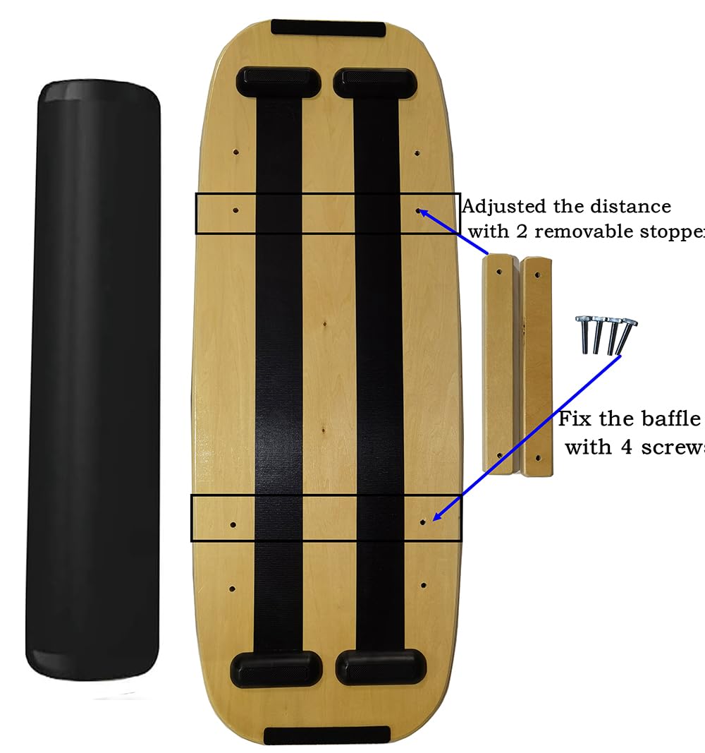 Balance Board Surf Trainer with Adjustable Stoppers - 2 Different Distance Options Balance Board for Surfing, Snowboarding, Skiing, Skateboarding, 300lbs Capacity (check)