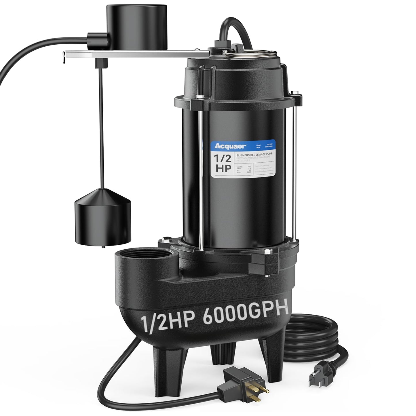 Acquaer Sewage Pump, Cast Iron, Automatic Tethered Float Switch, Sewage Effluent Pump for Sump Basin, Basement, Residential Sewage, 2'' NPT Discharge, Deep Black