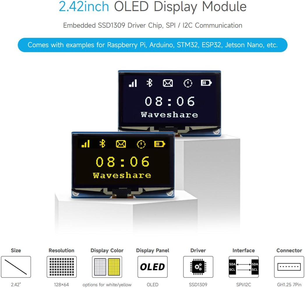 waveshare 2.42inch 12864 I2C Communication, OLED Display Module, Resolution, SPI / White Version