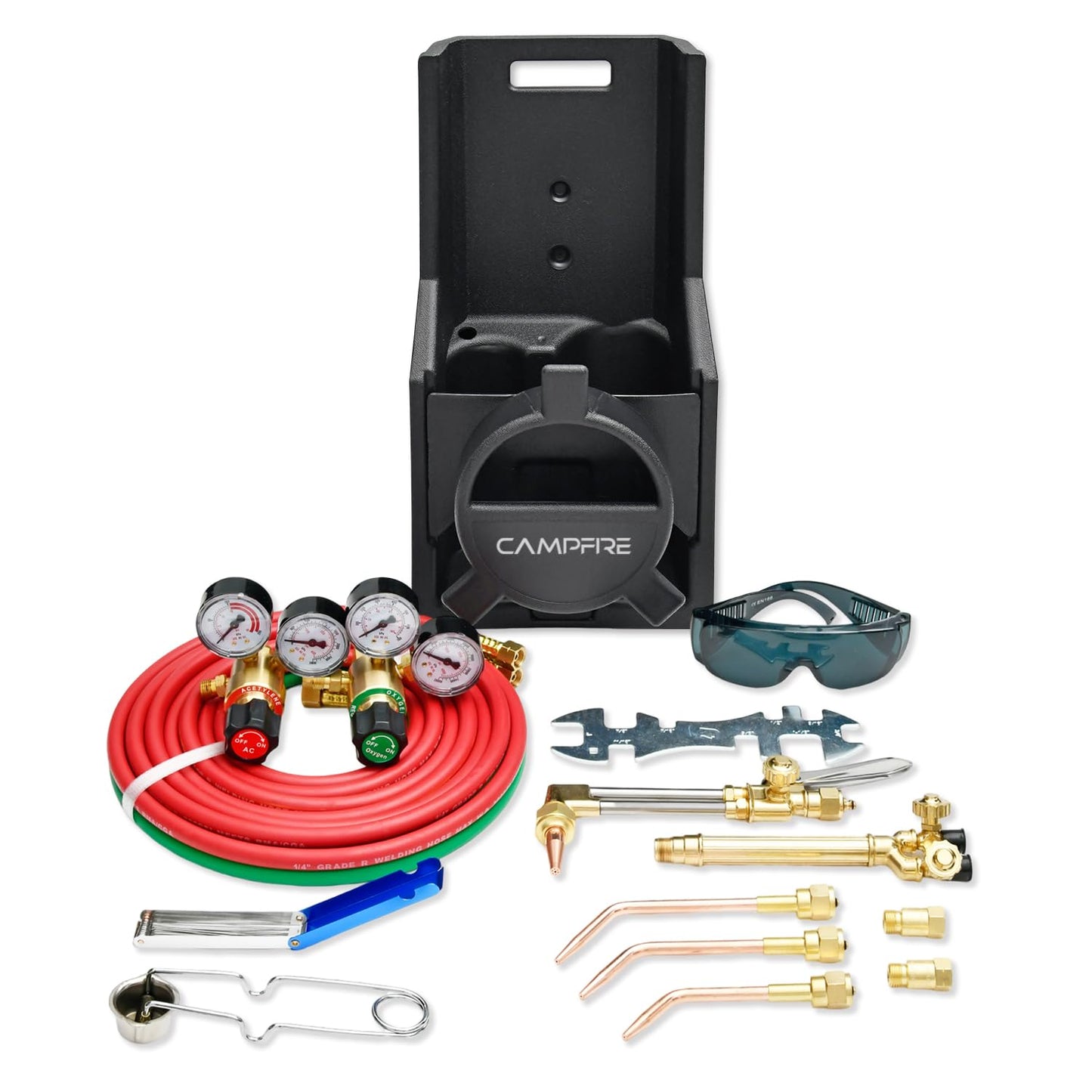 CAMPFIRE Medium Duty Oxy Acetylene Torch Kit V Series Welding Cutting Outfit Fits CGA 540 Oxygen CGA 200 Acetylene Tanks Portable Tote Kit with Dual Regulators 2 Tips, No Tanks