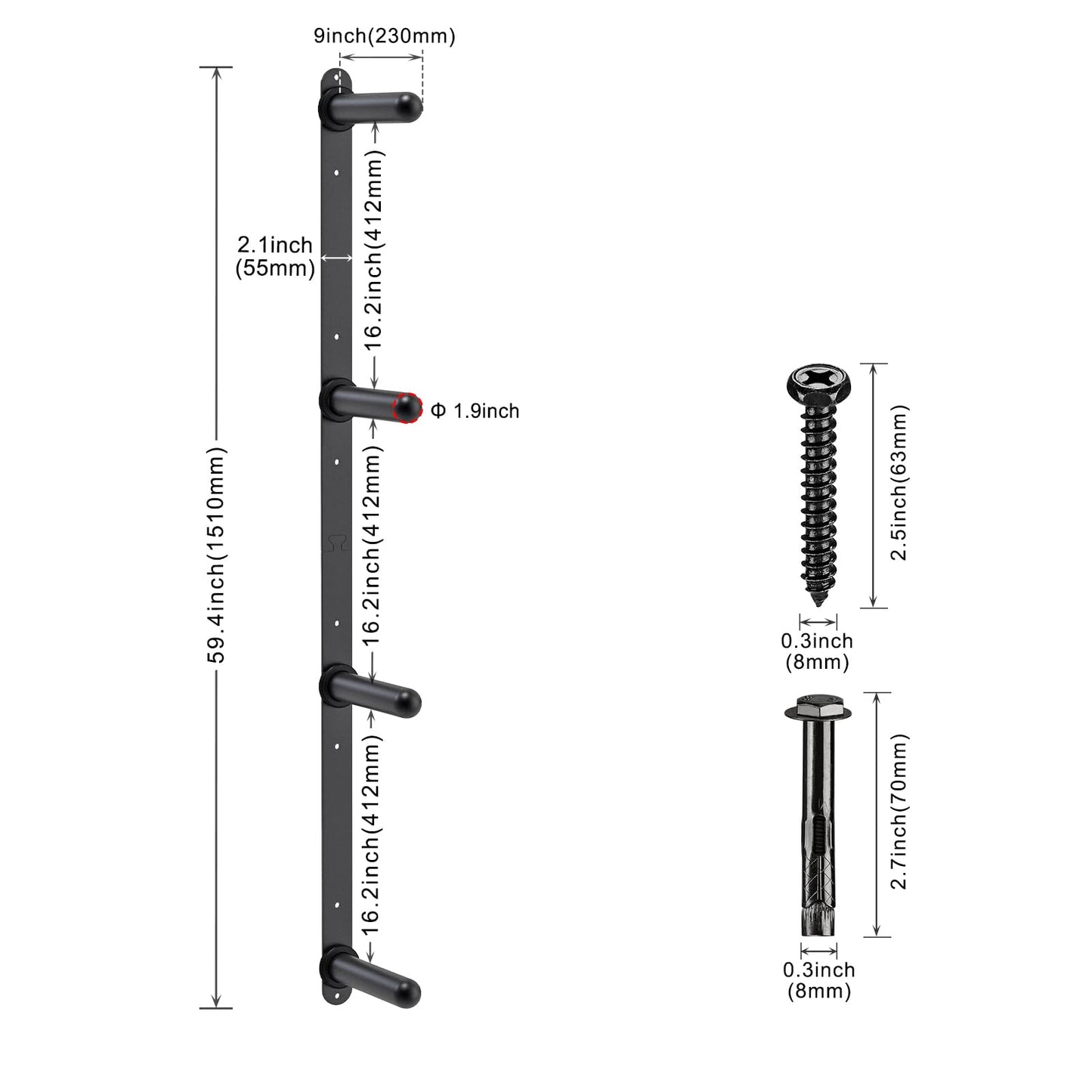 Kipika Weight Plate Storage Rack - Wall Mounted 4-Peg Durable Steel Construction Organizer for Olympic Plates, 1600lb Capacity, Space-Saving for Home Gym