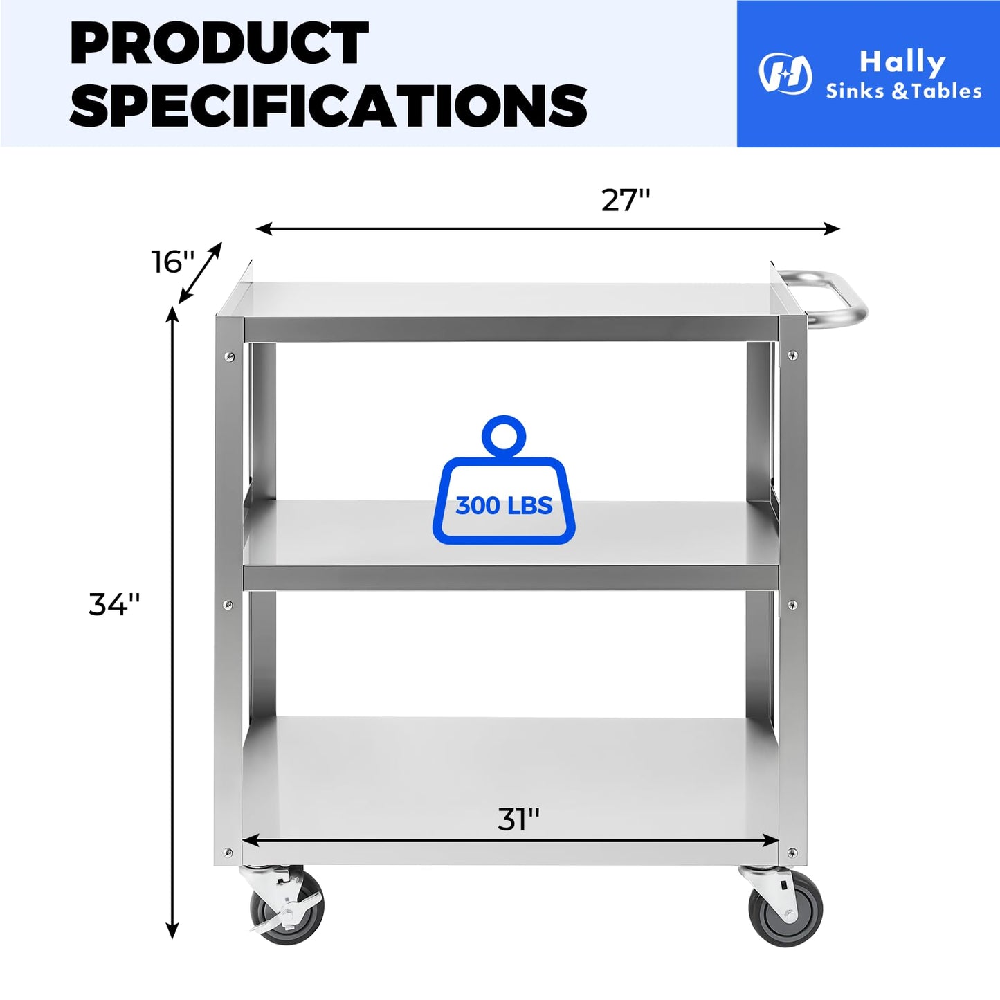 Hally Stainless Steel Utility Cart 3 Tier NSF Commercial Heavy Duty Metal Mobile Food Rolling Cart with Handle and Wheels for Kitchen, Restaurant, Hospital, Laboratory and Home, 31" L x 19" W x 34" H