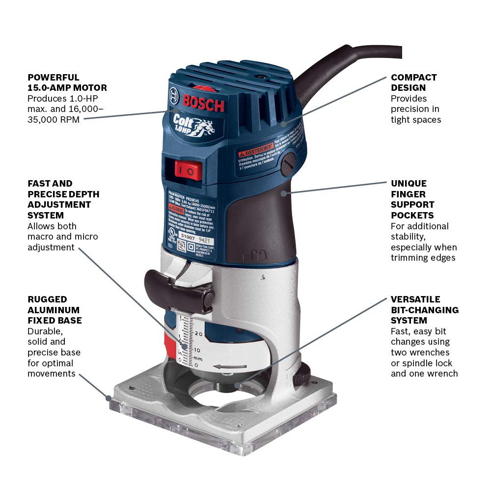 BOSCH PR20EVS Colt 1.0 HP Variable-Speed Palm Router - 5.6 Amp Motor, Soft Start, Constant ResponsCircuitry, Ergonomic Grip, Rugged Aluminum Base, Fixed, Quick-Clamp System, 1/4" Collet