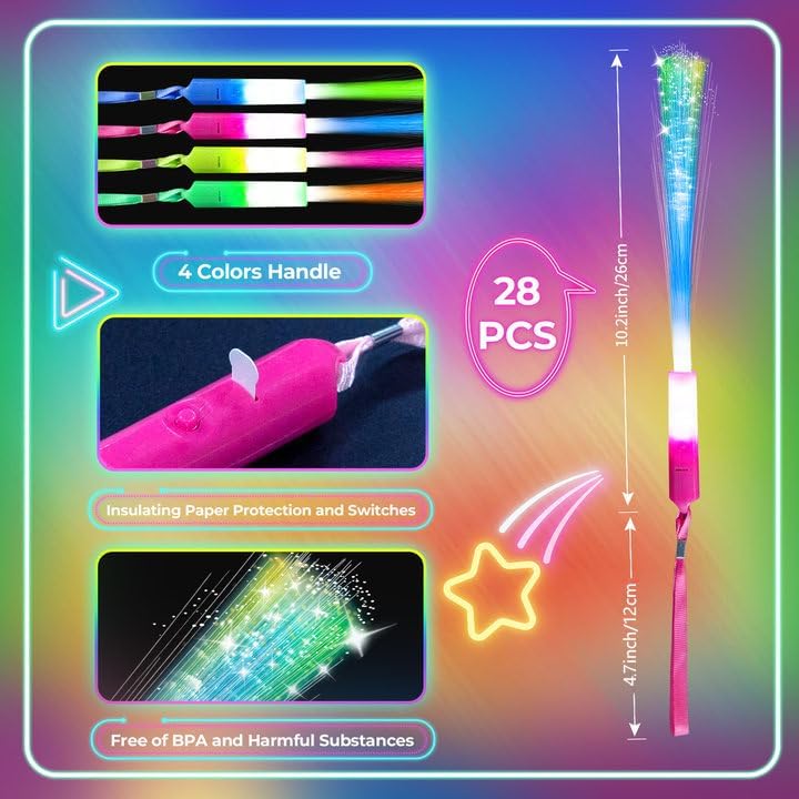 SHQDD Glow Fiber Wands - 28 PCS LED Light Sticks for Parties, Weddings, Halloween & New Year