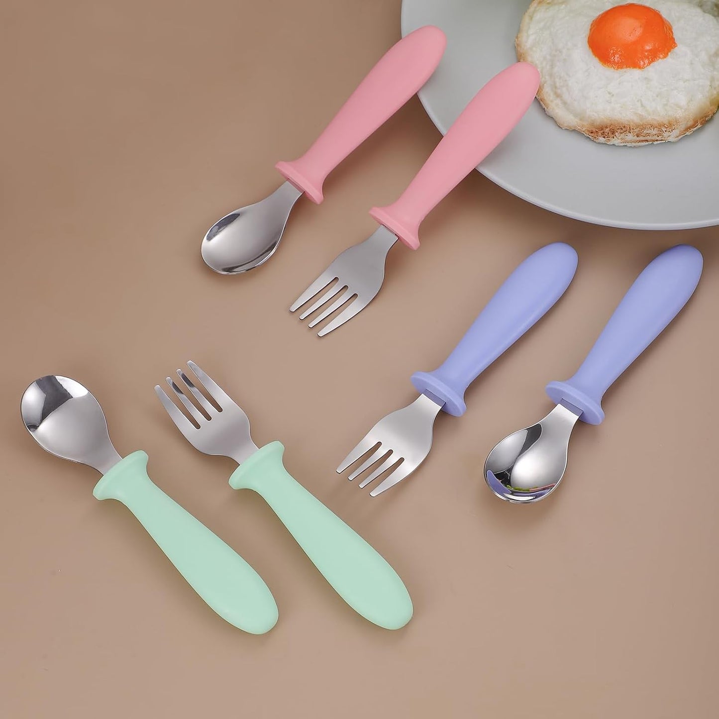 Pimoys Toddler Utensils Set - 6-Piece Stainless Steel Forks & Spoons with Plastic Handles | Dishwasher Safe
