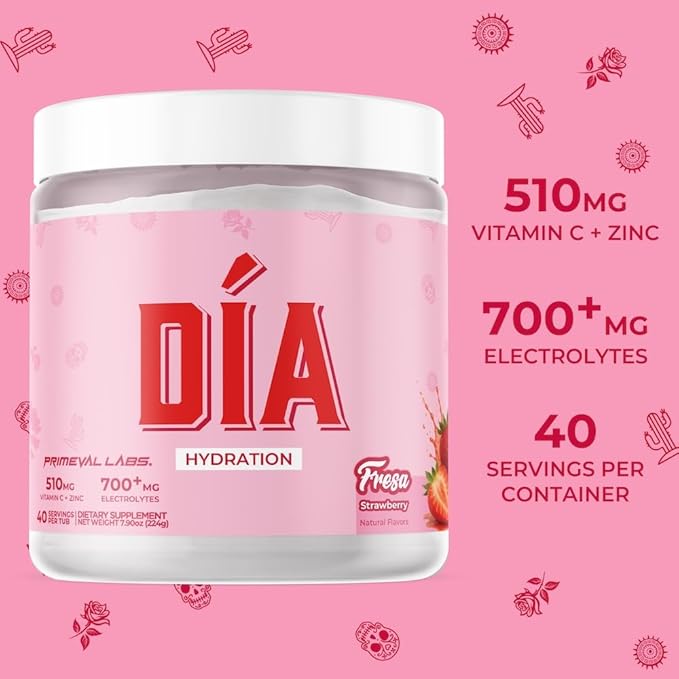 Primeval Labs Dia Hydration Electrolyte Powder | Vitamin C + Zinc, Taurine & Electrolytes | Low Sugar Daily Hydration Drink | 40 Serving Tubs | Fresa