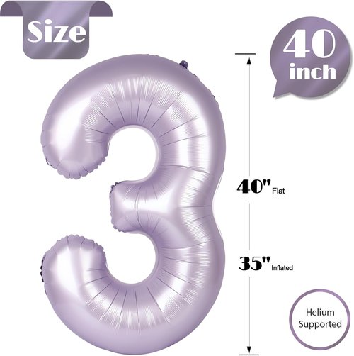 Lilac Number 3 Balloon - 40 Inch for 3rd Birthday Celebration | Perfect for Girls and Boys Parties