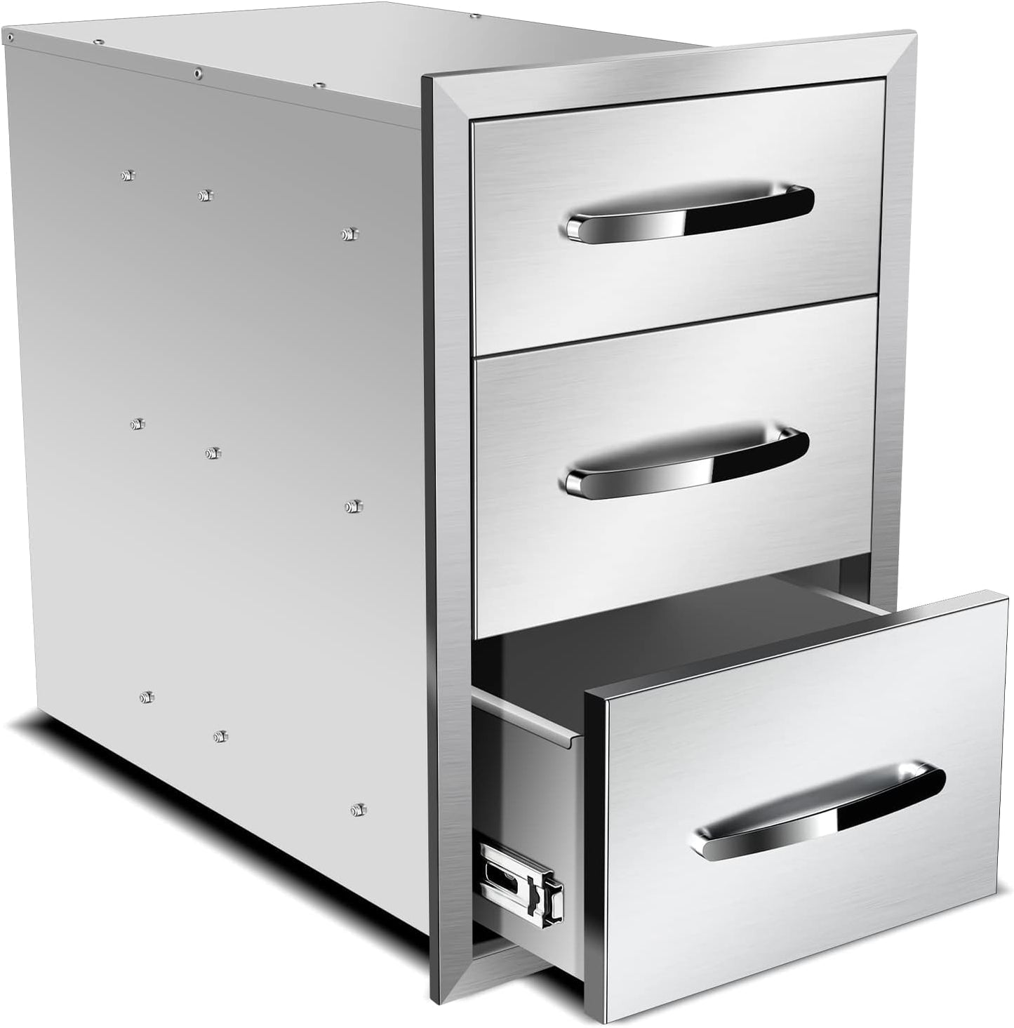 KODOM Outdoor Kitchen Drawers 14'' W x 21'' H x 21'' D, Flush Mount Triple Access BBQ Drawers for Outdoor Kitchens or BBQ Island Patio Grill Station, Silver