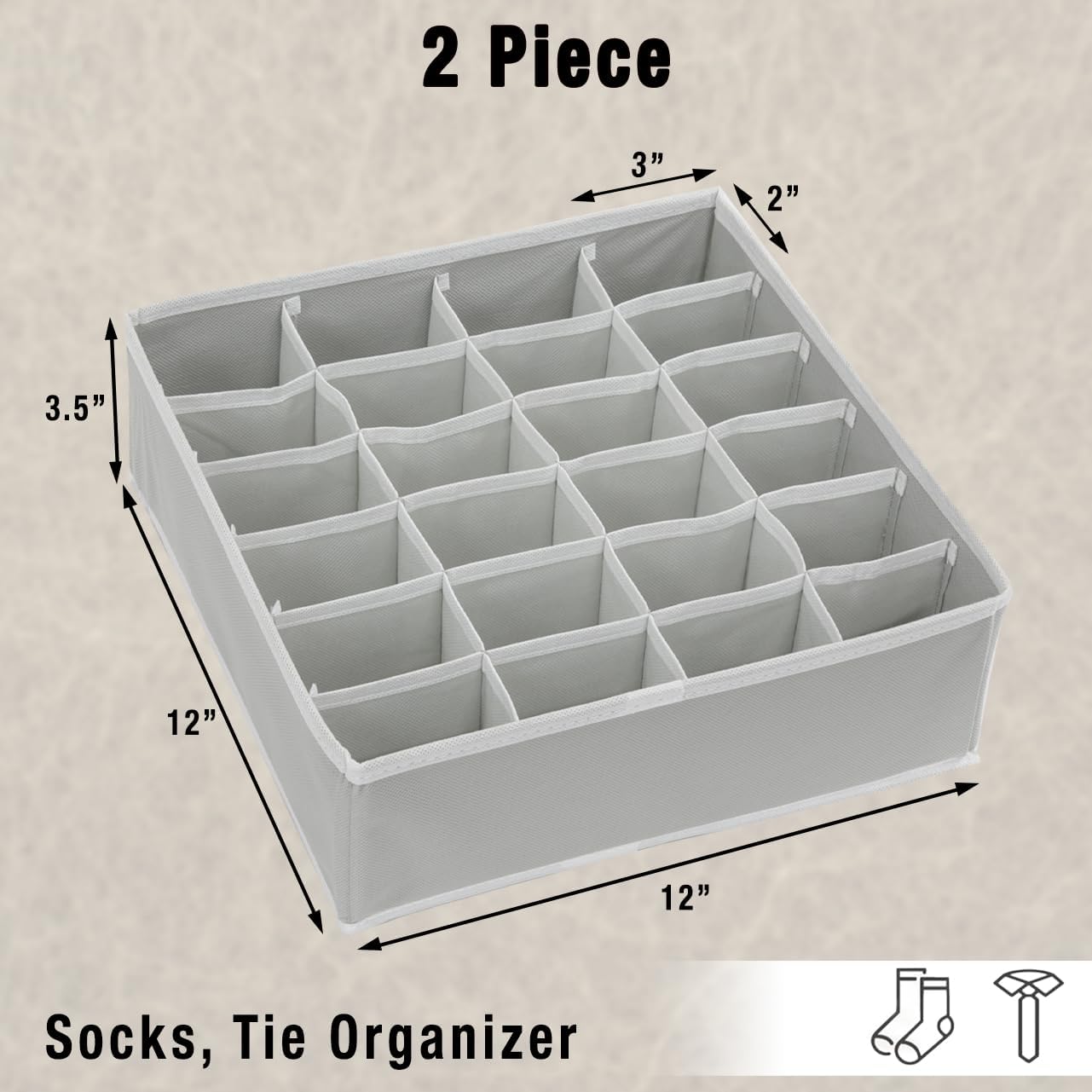 Simple Houseware 24-Cell Gray Sock Organizer - 2 Pack Closet Drawer Divider for Neat Storage