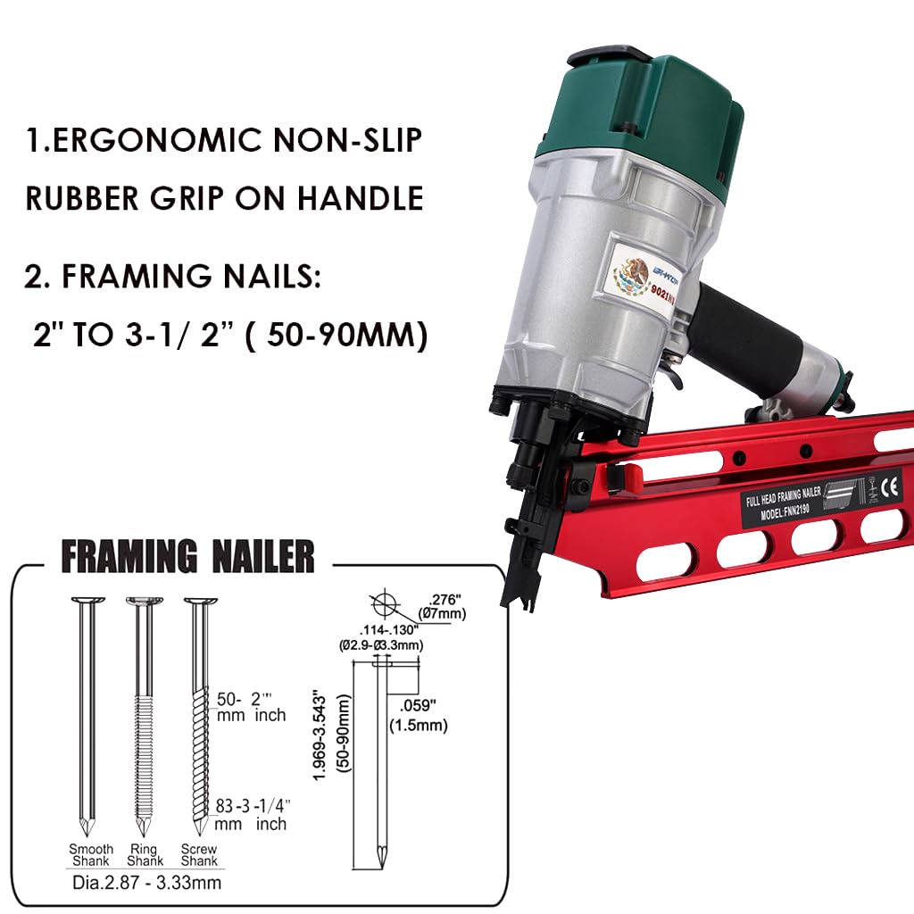BHTOP Mexican Style 9021NS Framing Nailer 21 Degree 3-1/2" with Depth Adjustment Professional Air Nail Gun