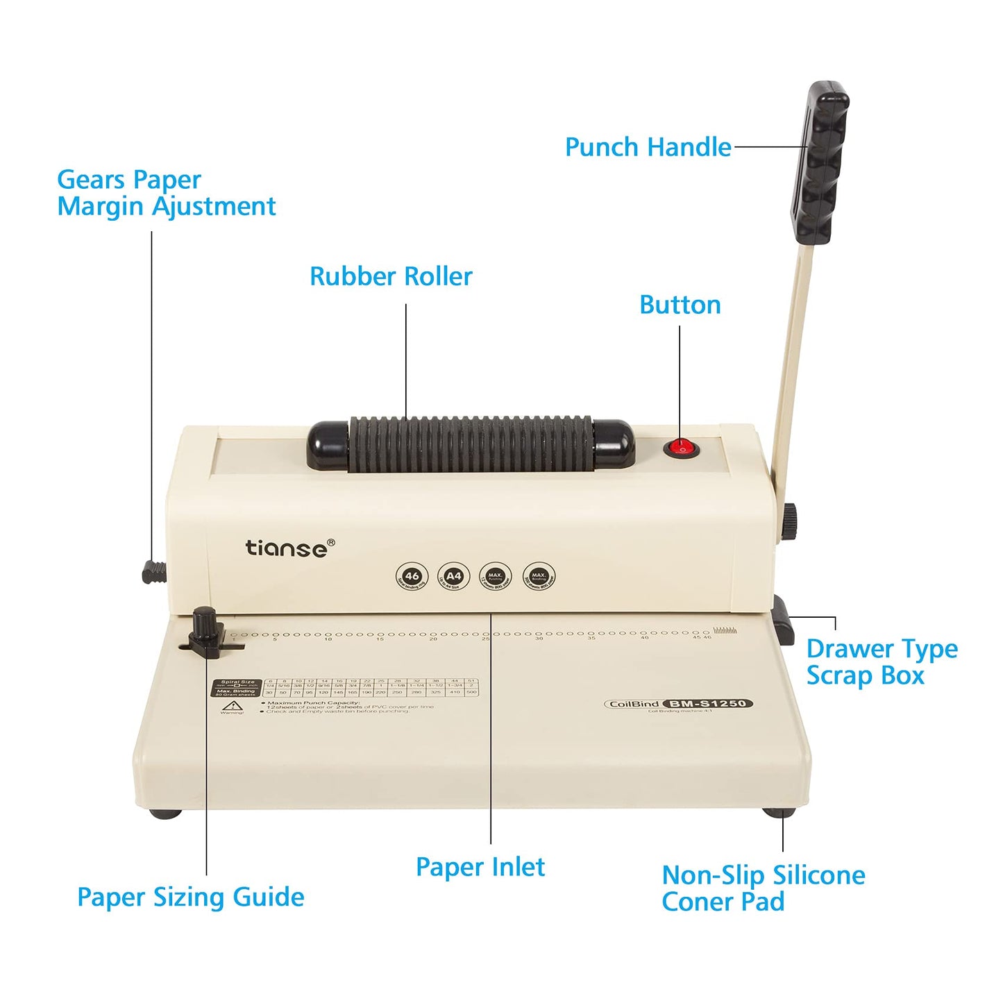 TIANSE Binding Machine - Electric Coil Inserter for Professional Binding, 12-Sheet Punch, for Letter/A4/A5 & Plastic/Metal Coils, with 100 Coil Spines & Pliers for Home, Office, School, DIY