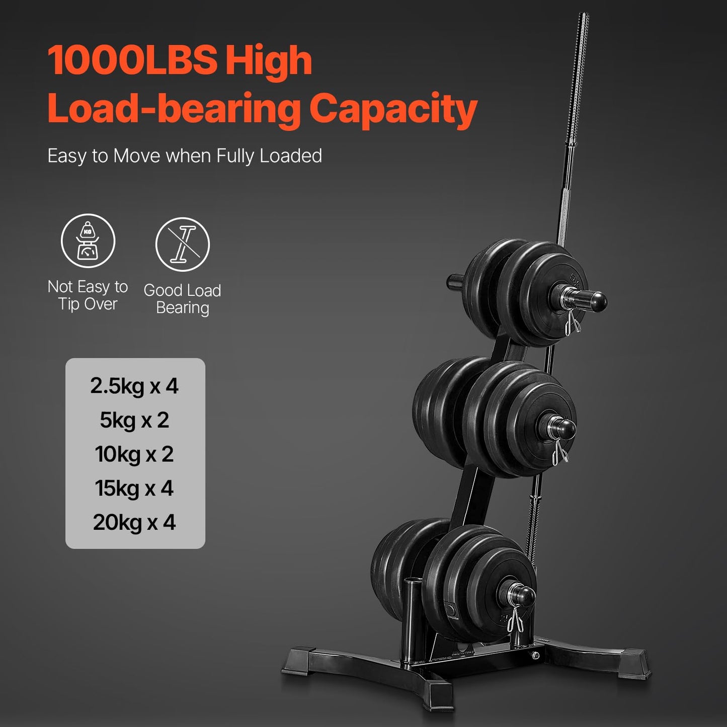 VEVOR Weight Plate Rack, L Frame Weight Plate Tree for 2-Inch Weight Plates, Standard Weight Plate Tree, 1000 lbs Load Capacity Weight Storage Holder, Home Gym Barbell Rack Storage Stand, Black