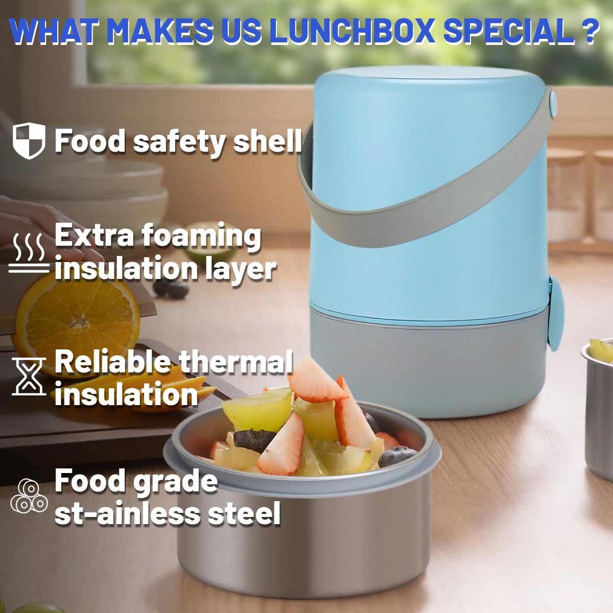 60.87oz Insulated Soup Container,Thermos Container For Hot Food,Contains 3 Tier Stainless Steel Leak Proof Stackable Thermal Food Jar,lunch box Containers For Office Picnic Travel Outdoors (Blue)