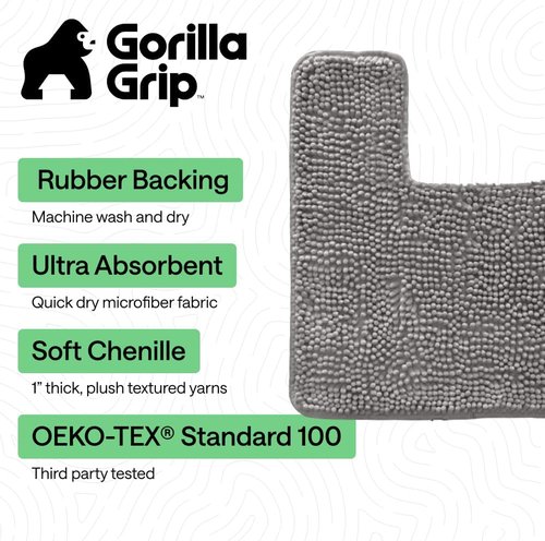 GORILLA GRIP Plush Chenille Bath Rug Mat - Soft Microfiber for Square Toilet Base | Machine Washable, Grey