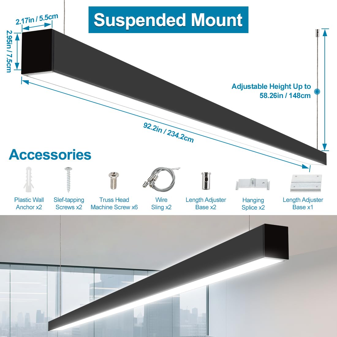 Xbuyee 8FT Linkable LED Linear Light, 100/90/80/70/60W Adjustable, 3000K/4000K/5000K Selectable Linear Lighting Fixture, 0-10V Dimmable Architectural Hanging Office Shop Light for Retails, ETL 2Pack