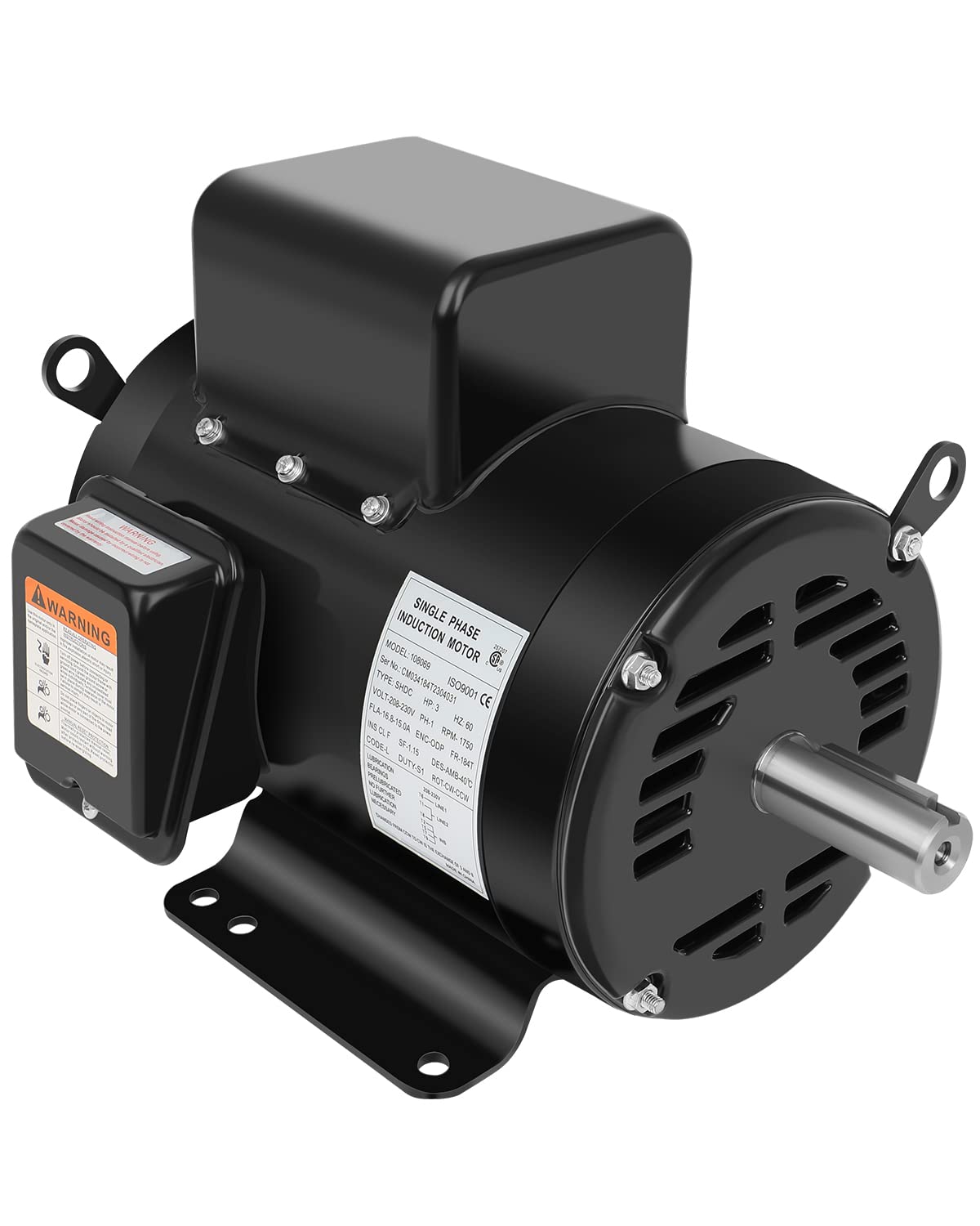 3HP Air Compressor Motor Single Phase Electric Motor 1750RPM 184T Frame ODP 208V-230V 1-1/8“Shaft Diameter Rolled Steel Shell 60HZ
