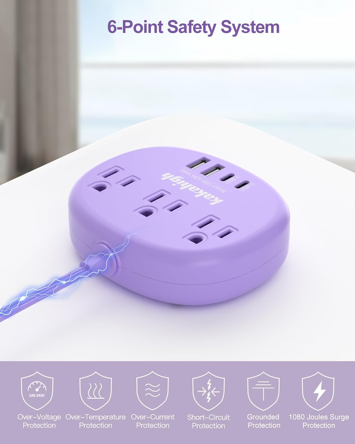 kakahigh 5 1625W 3 4 (24W/4.8A), Purple Extension Cord with USB C - FT Flat Power Strip, Cute Extension Cord with AC