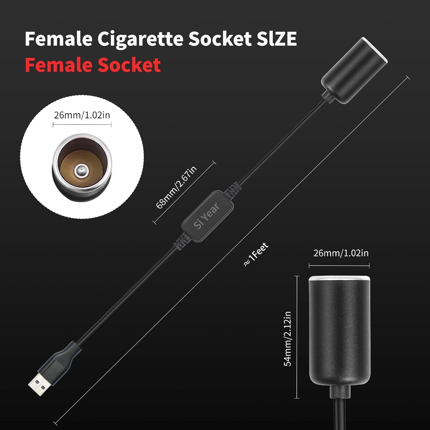 SiYear 12V 18W (0.3m/1FT) USB A Male to Cigarette Lighter Socket Adapter Power Cable for Driving Recorder, Radar