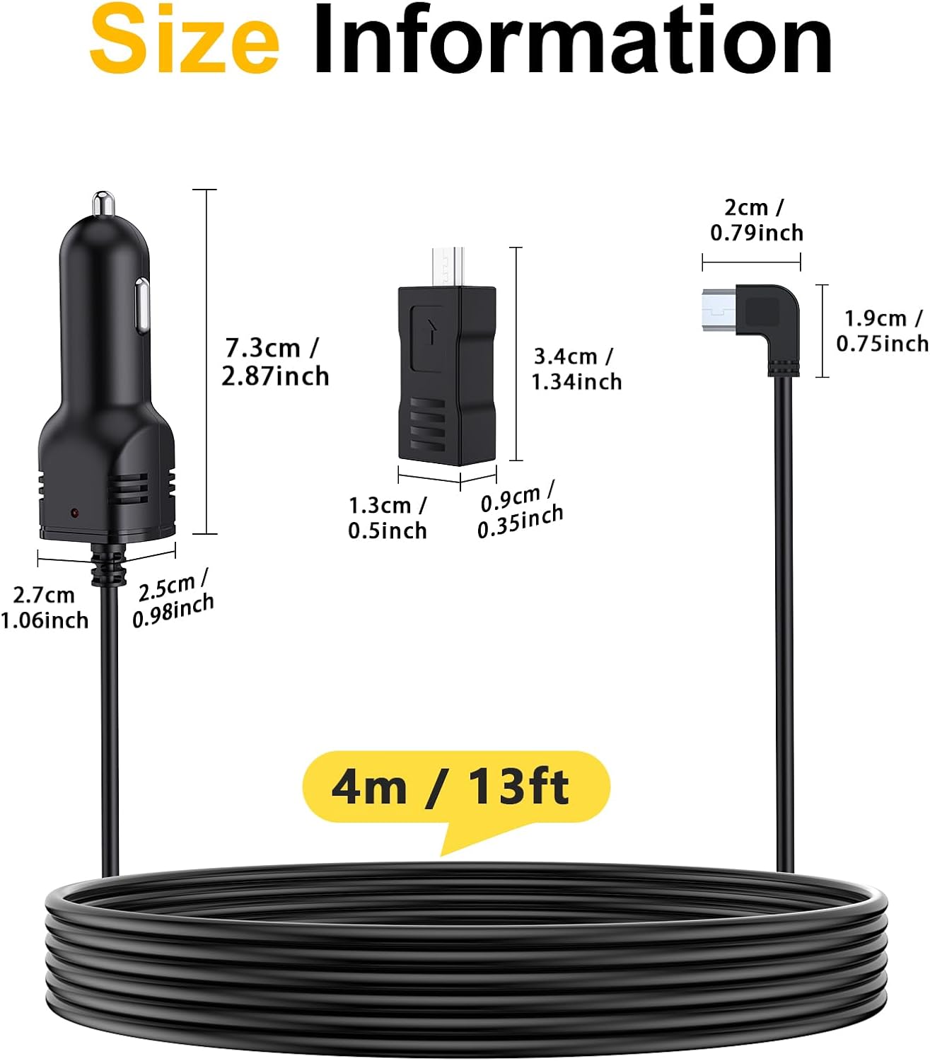 Range Tour 4m/13.12ft 12V/24V DC5V 3A Dash Camera Car Charger, Mini USB and Micro USB Interfaces, L-Type Driving