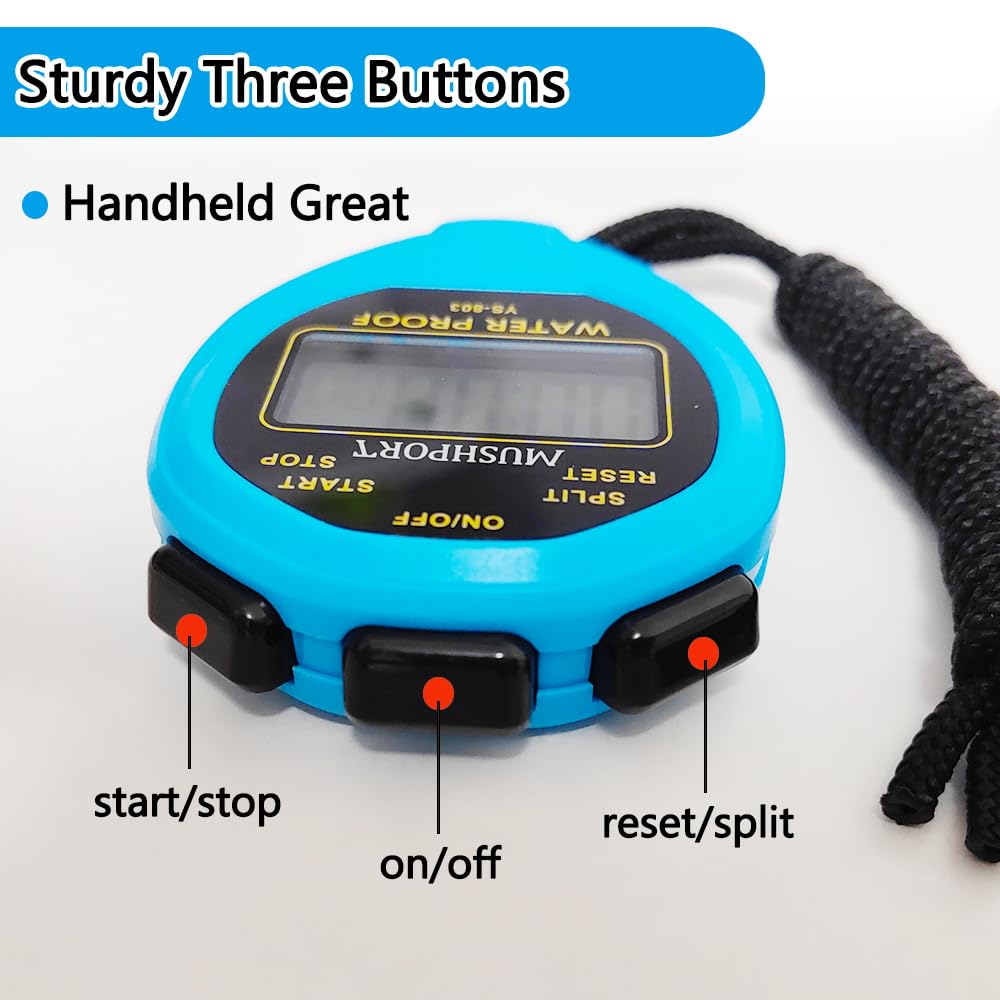 MUSHPORT Waterproof Stopwatch Timer Only Stopwatch Mode, ON/Off Silent Large Display Simple Operation, Without Clock Date Countdown, Digital Stop Watch for Sports Coaches, Blue