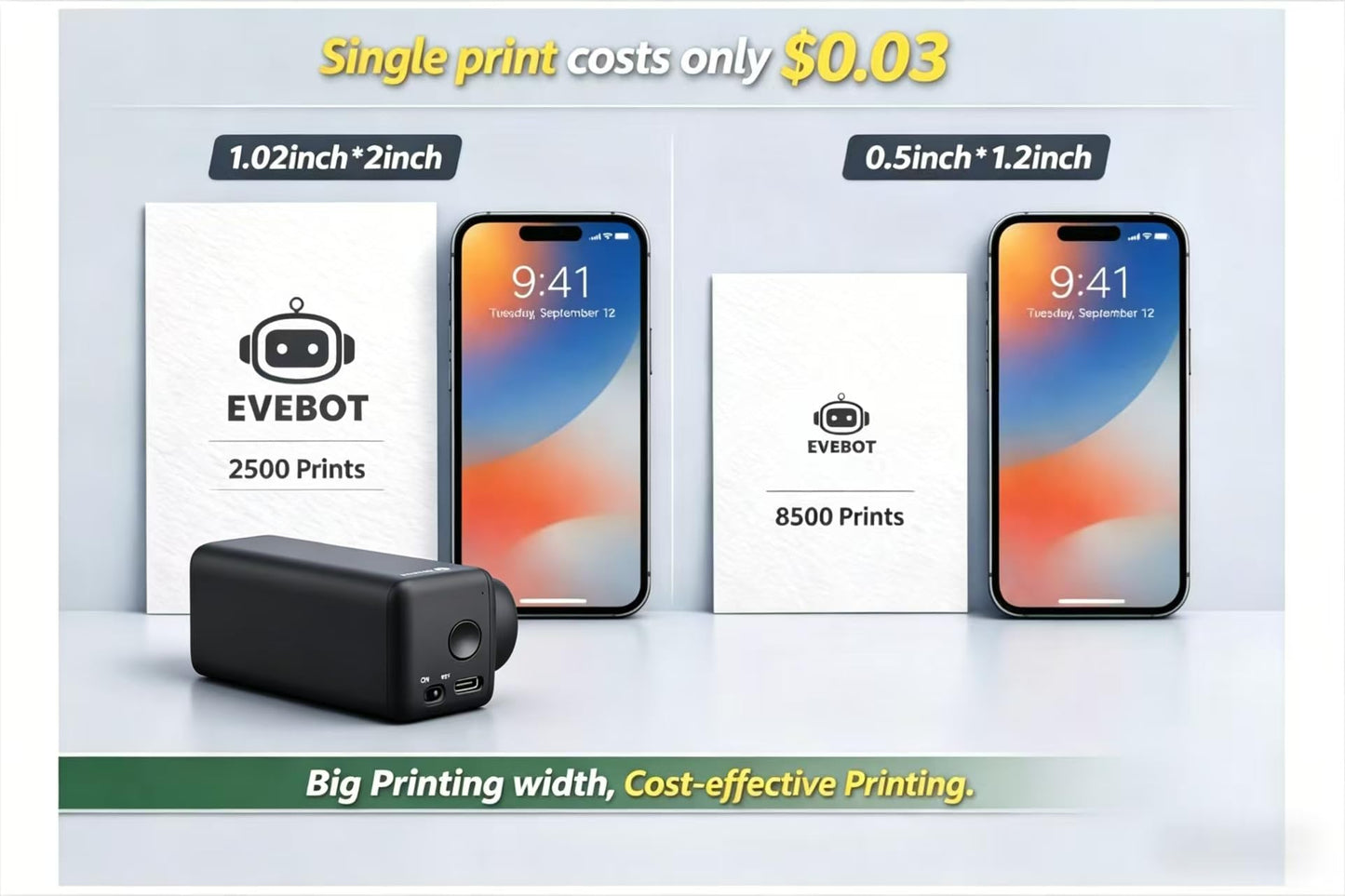 EVEBOT Handheld Inkjet Printer 1.02 Inch Print Width for Any Surface Portable Logo Printer Bluetooth Connection to Phone Label Machine for Text Barcode QRCode Production Date Batch Number- Black 1PCS