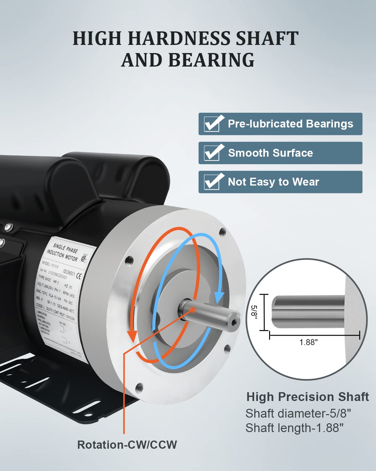 3HP Electric Motor, Air Compressor Motor, 3450 RPM Single Phase Motor, 56C Frame 208-230V 5/8" Shaft 60Hz CW/CCW TEFC