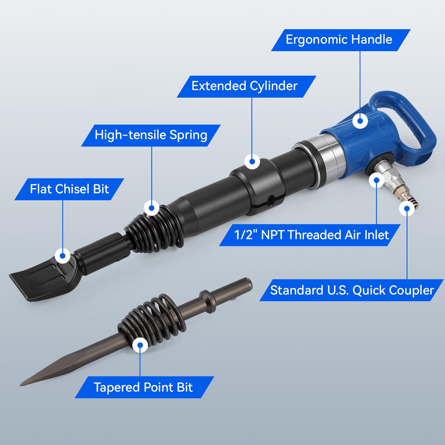 Newhai Pneumatic Hammer Shovel 46J Heavy-Duty Air Chisel Industrial Demolition Jack Hammer 55CFM 90 PSI with 2 Chisels for Concrete Metal Building Construction