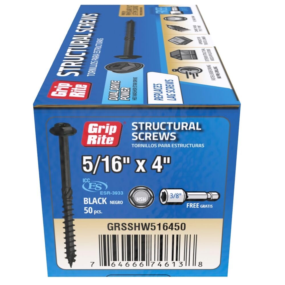 Grip-Rite GRSSHW516450 5/16" x 4" Structural Screw Dual Drive Power Hex Washer Star Drive Head 50CT, Black