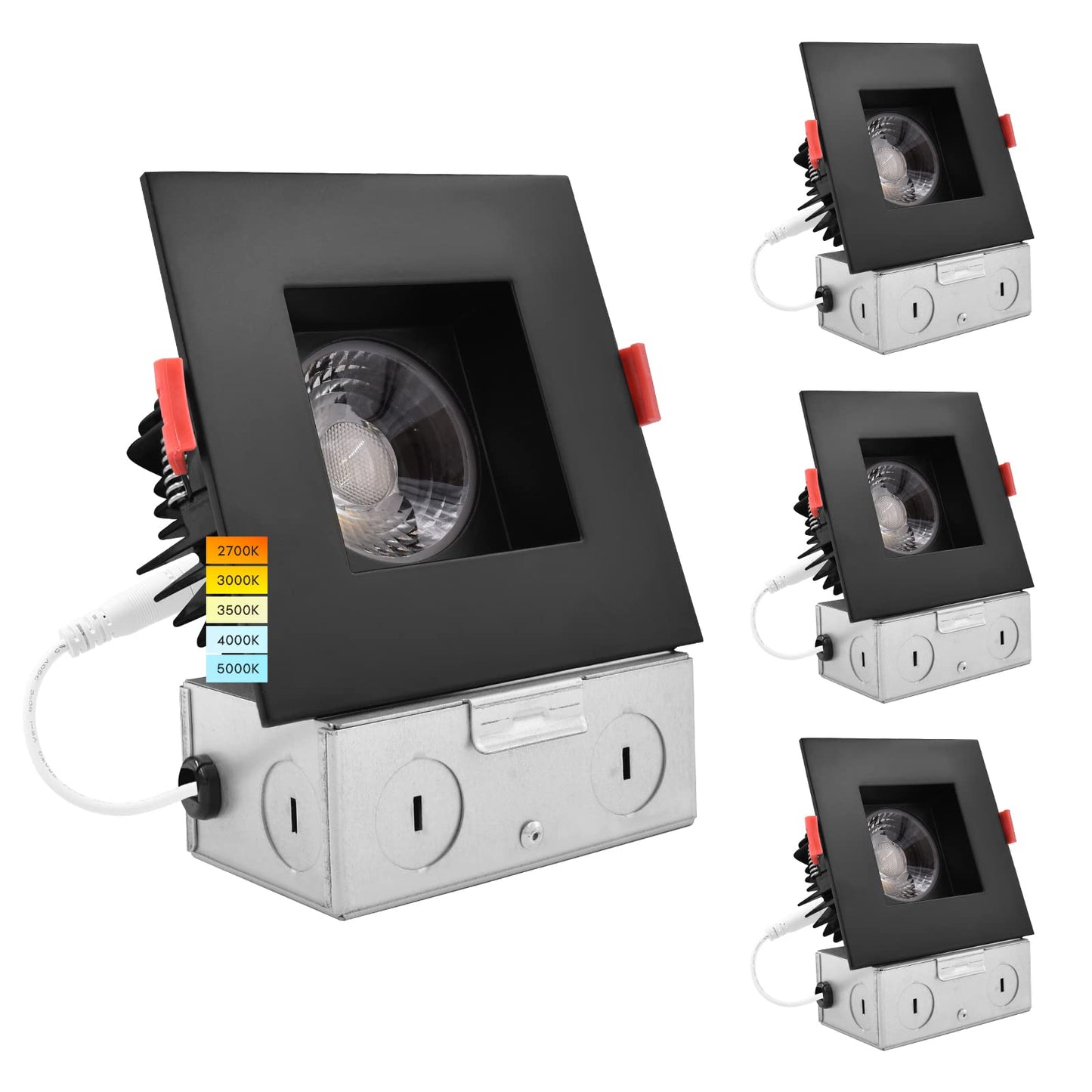 Luxrite 4 Inch Square LED Recessed Lighting with Junction Box, 15W, 5 Color Selectable 2700K-5000K, 1100 Lumens, 40° Spotlight, Dimmable Downlight, Wet Rated, IC Rated - Black Trim (4 Pack)