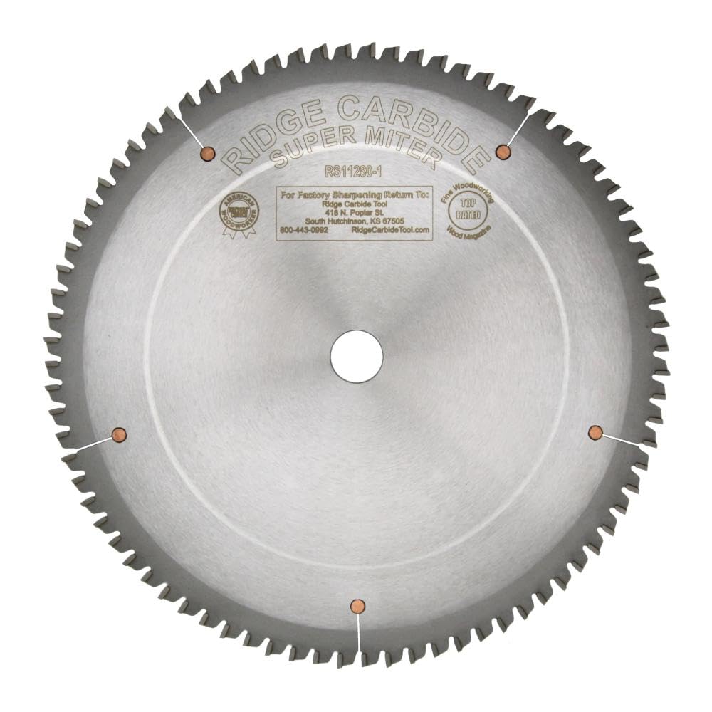 Ridge Carbide 12" Super Miter Full Kerf Saw Blade | 80 Teeth, AR 4+1 Grind, -2° Hook, 1" Bore, 0.095" Plate Thickness, 0.125" Kerf | for Crosscutting Wood and Sheet Goods (RS11280-1)