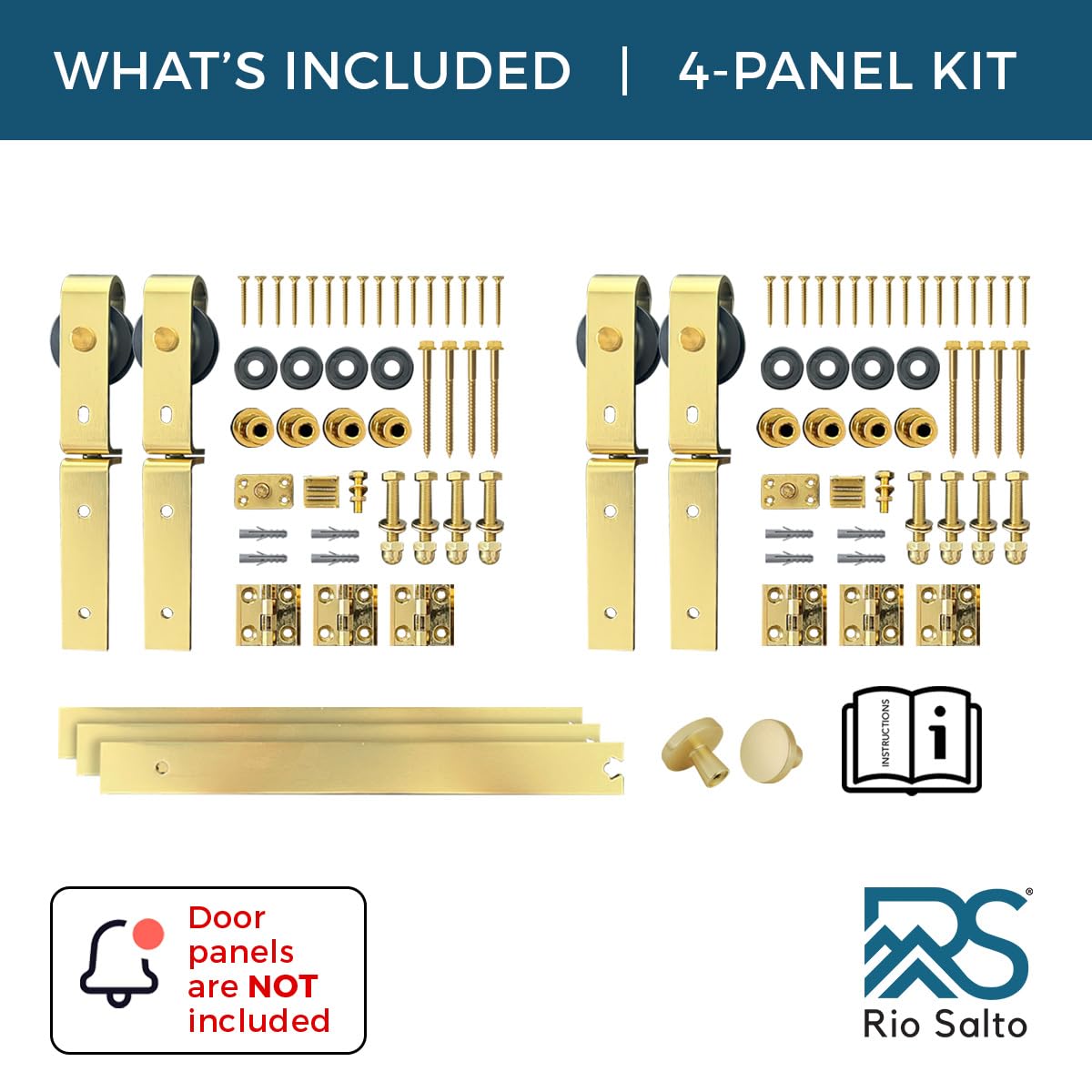 Rio Salto Gold Bifold Barn Door Hardware Kit 64" Closet — Contractor Grade Heavy Gauge Aluminum Sliding Bi Fold Track System for (4) 15" Panels, 4 Rollers with Matching Knobs (Hardware Only)