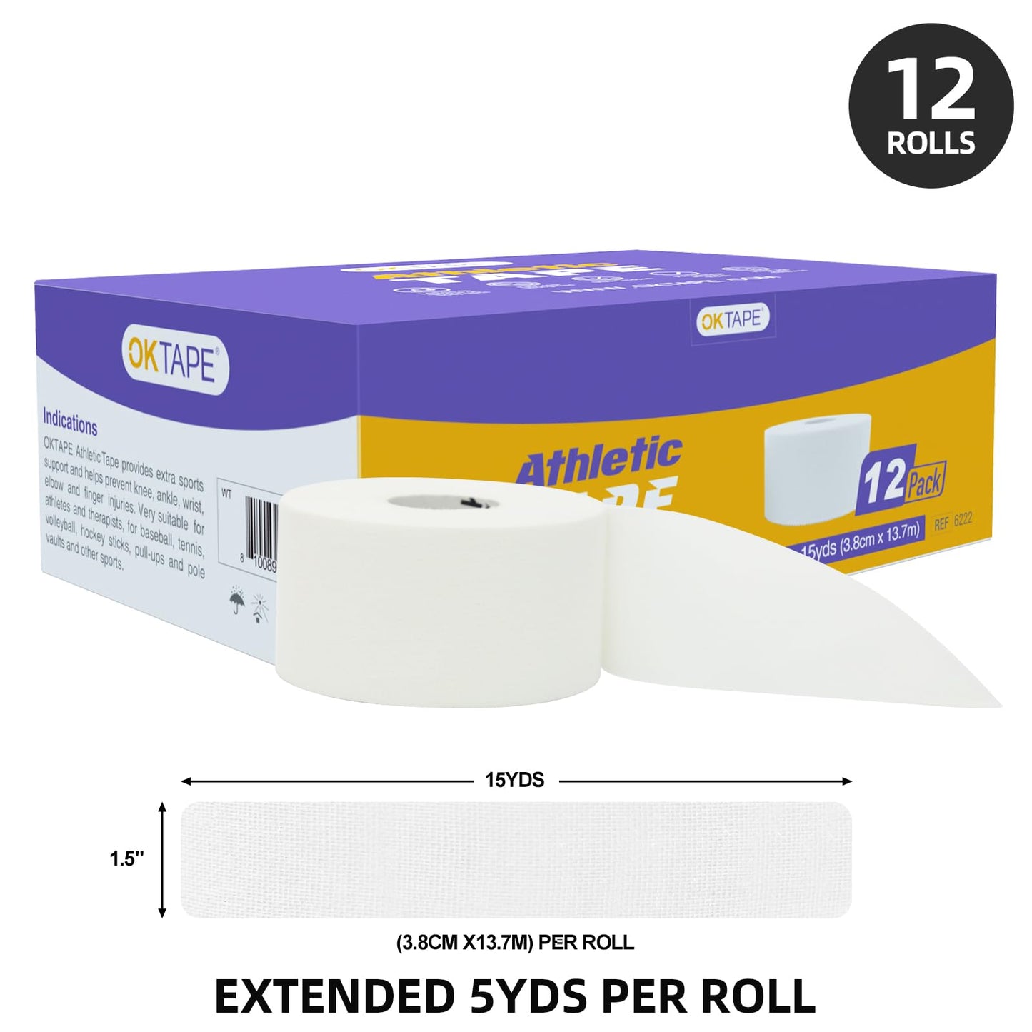 OK TAPE Athletic Sports Tape Bulk（12-Rolls) -180yds Very Strong Tape for Athlete & Sport Trainers & First Aid Injury Wrap, Perfect for Fingers Ankles Wrist on Bat, Hockey Stick - White