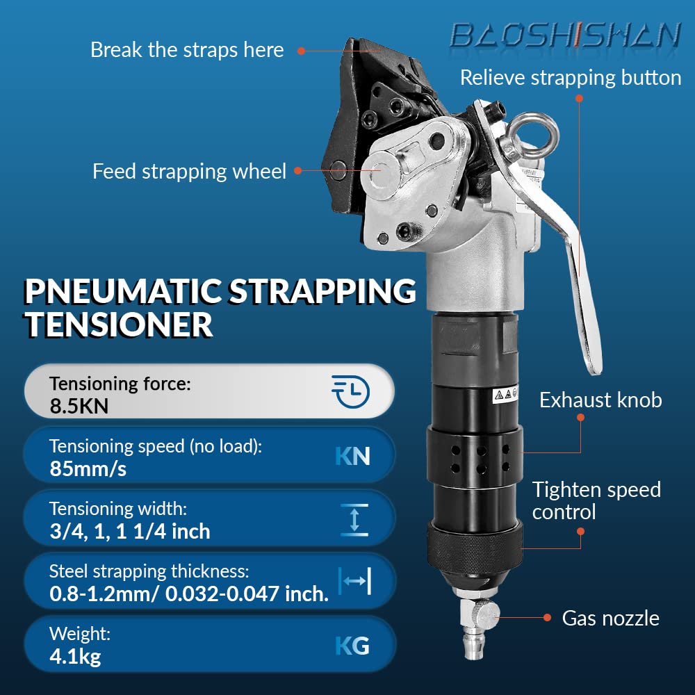 BAOSHISHAN Metal Strapping Tool Steel Strapping Tensioner and Cutter Sealer Pneumatic Heavy Duty Baler for 3/4'' Width Strapping High Tensile Portable Packaging Machine (19mm)