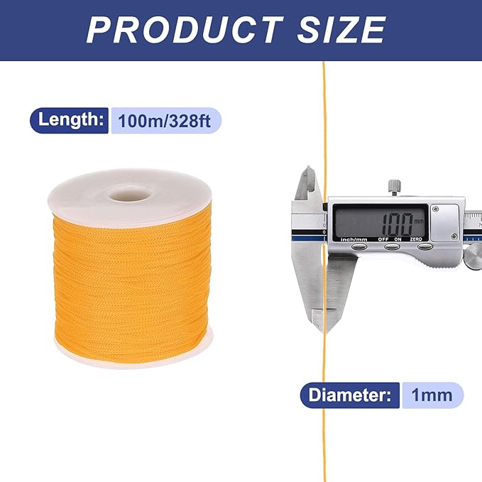 MECCANIXITY 1/16 Inch Polypropylene Rope Braided Ropes, 328ft Nylon Rope Hollow Utility Cord for Clothesline, Camping, Hiking, Outdoor, Dark Yellow