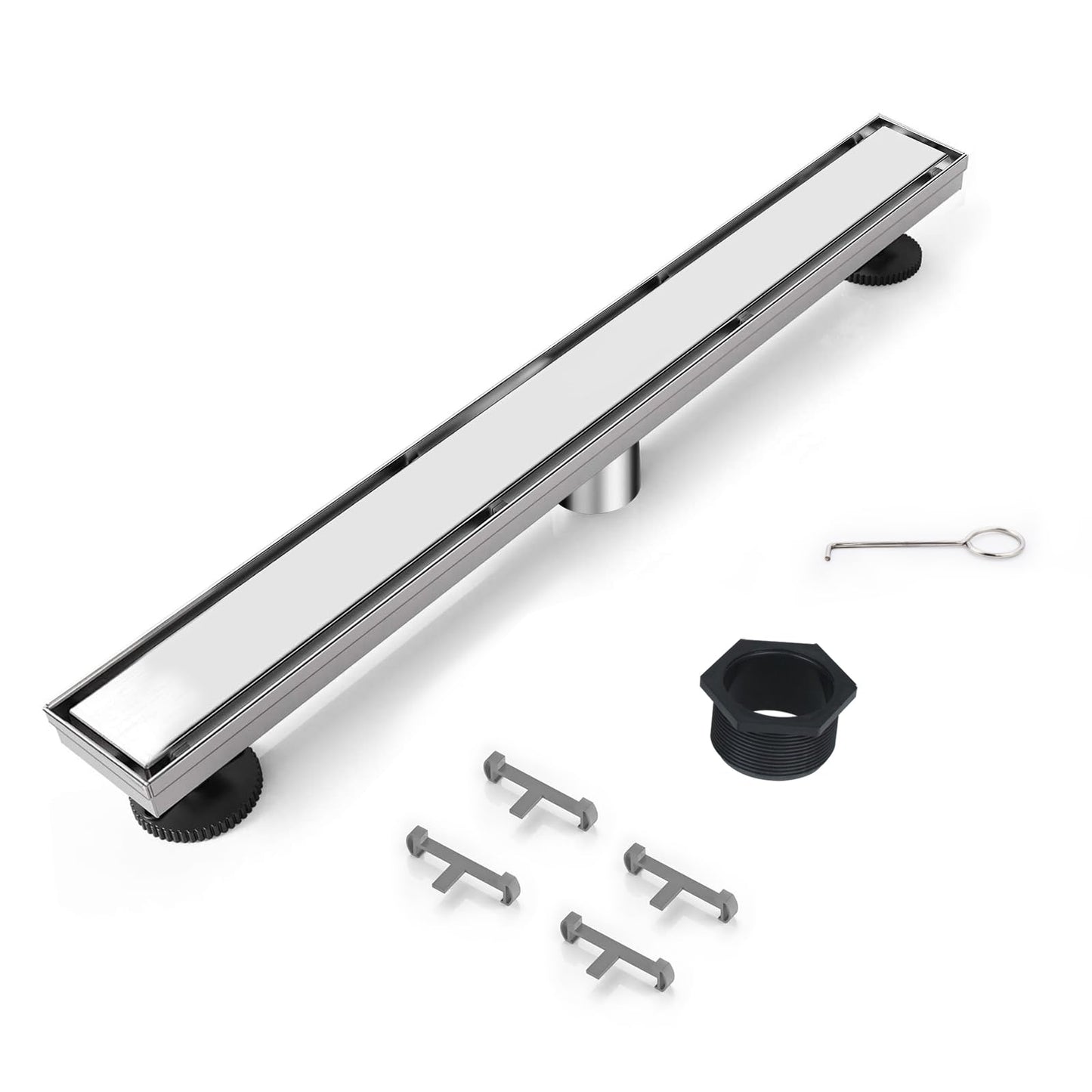 morefine Linear Shower Drain, 60 inch 304 Stainless Steel Shower Floor Drain with Tile Insert Grate, Adjustable Feet and Hair Filter