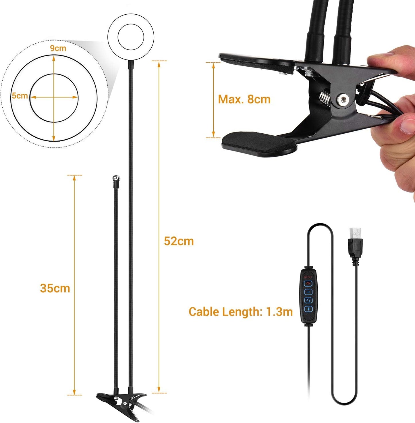 Andoer 3.5in 3 Webcam Light Stand Clip-On Mini USB Ring Light Lighting Modes Adjustable Flexible Arms Design with Phone