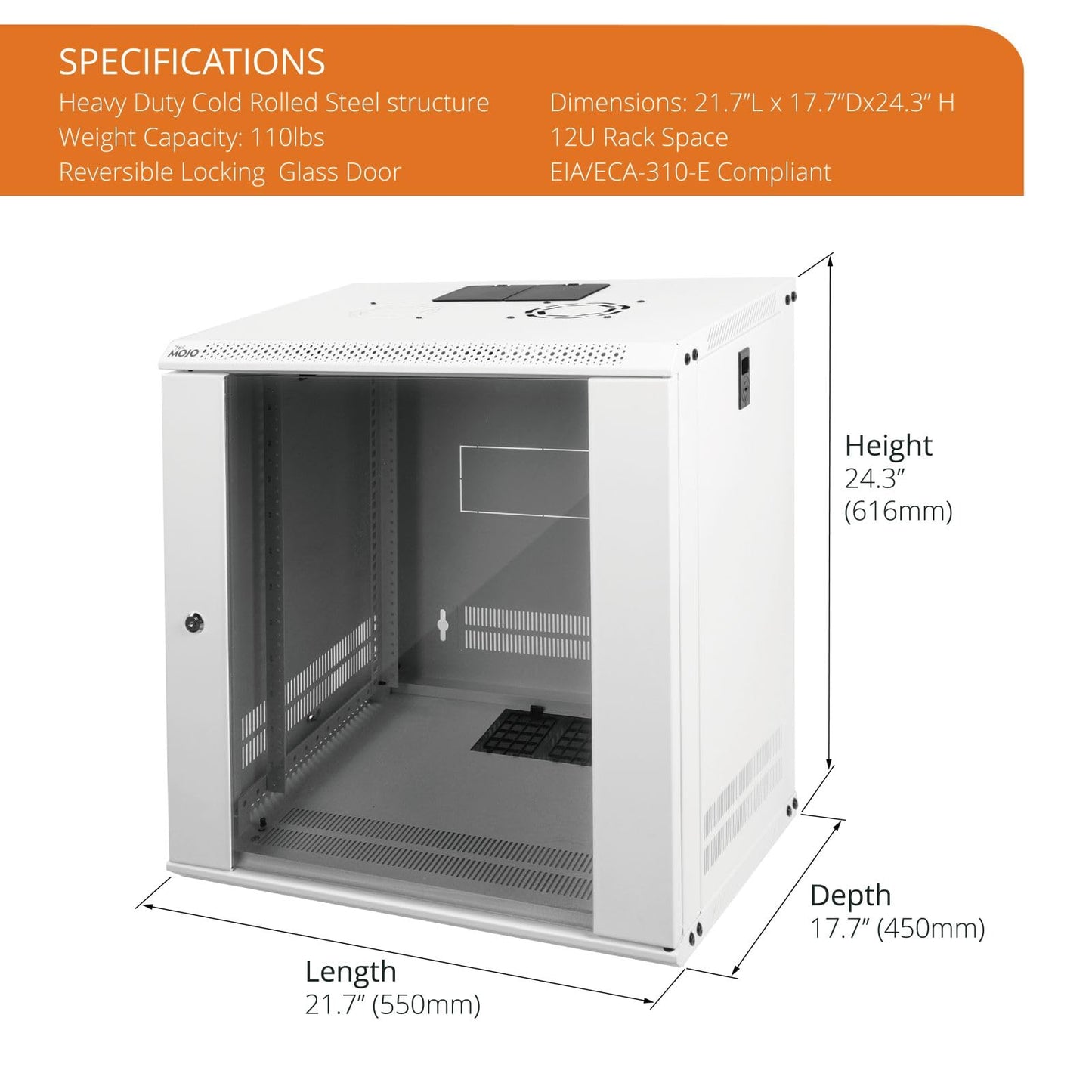 Tecmojo 12U Wall Mount Rack Network Cabinet for 19" IT Equipment,with Lockable Glass Door and Side Panels,Cooling Fan,17.7inch Depth,White