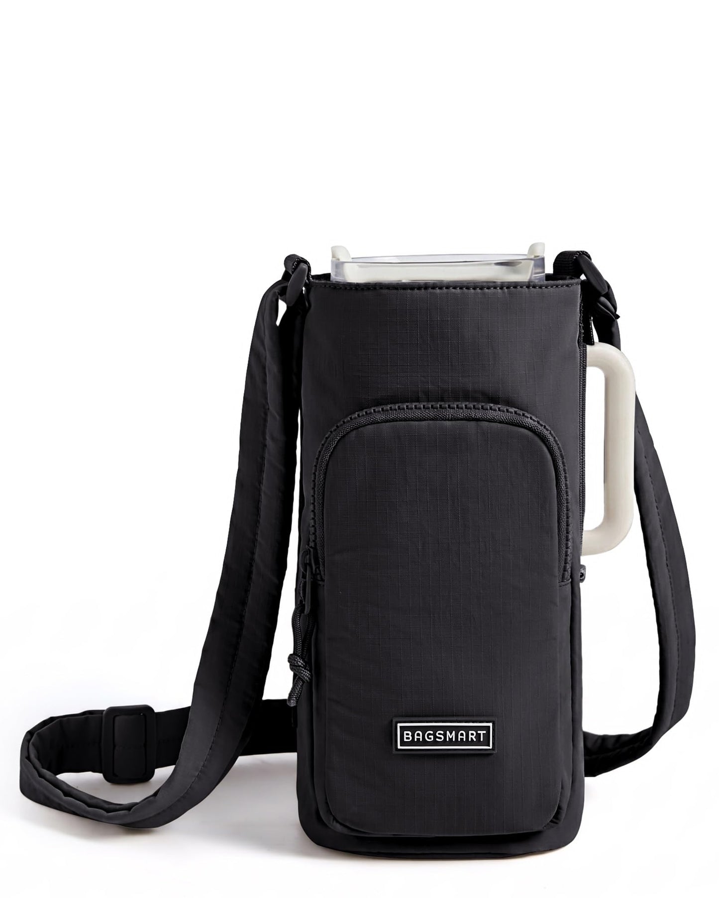 BAGSMART 40oz Magnetic Water Bottle Holder with Strap, Drink Carrier Bag Crossbody Gym Bag, Gym Accessories for Women/Men, Black