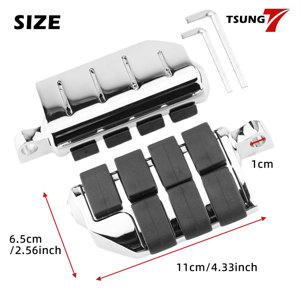 TSUNG Motorcycle Foot Pegs – Male Mount Rider/Passenger Footrests, Wide Higway Foot Rest Pedal Fit for Most V-Twin, Cruiser & Touring Motorcycles (Chrome)