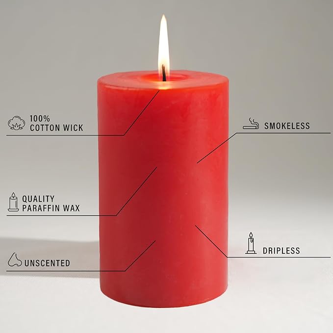 Red Pillar Candles - 6 Packs, 2.8x4 Inch, Unscented Pillar Candles Bulk, 56 Hours Long Burning Candles, Dripless & Smokeless Large Red Candles for Holiday Decor, Fireplace, Christmas,Advent