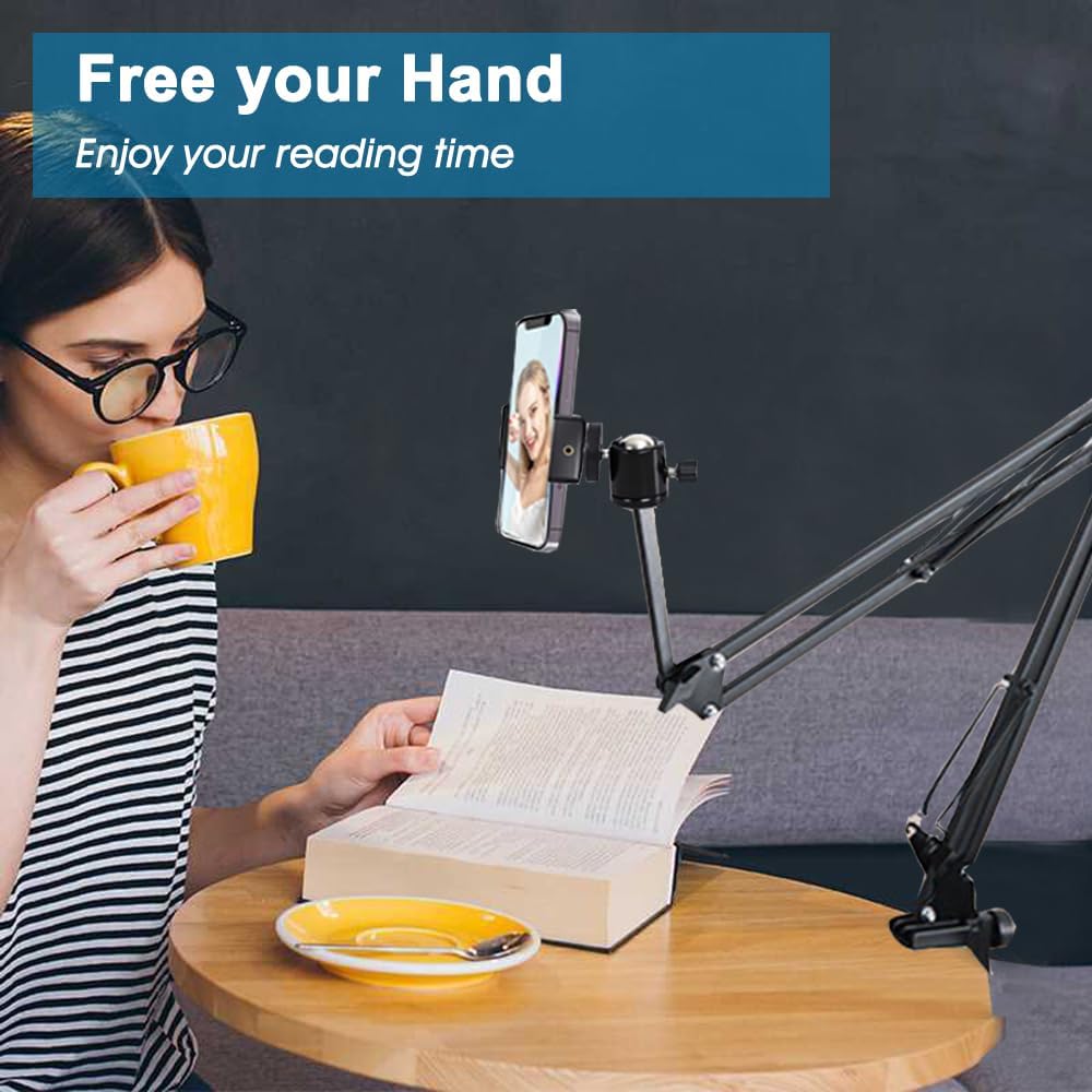 YIYANT Overhead Tripod Mount for Camera Webcam Ring Light, Long Over Head Articulating Arm with Phone Holder and Ball