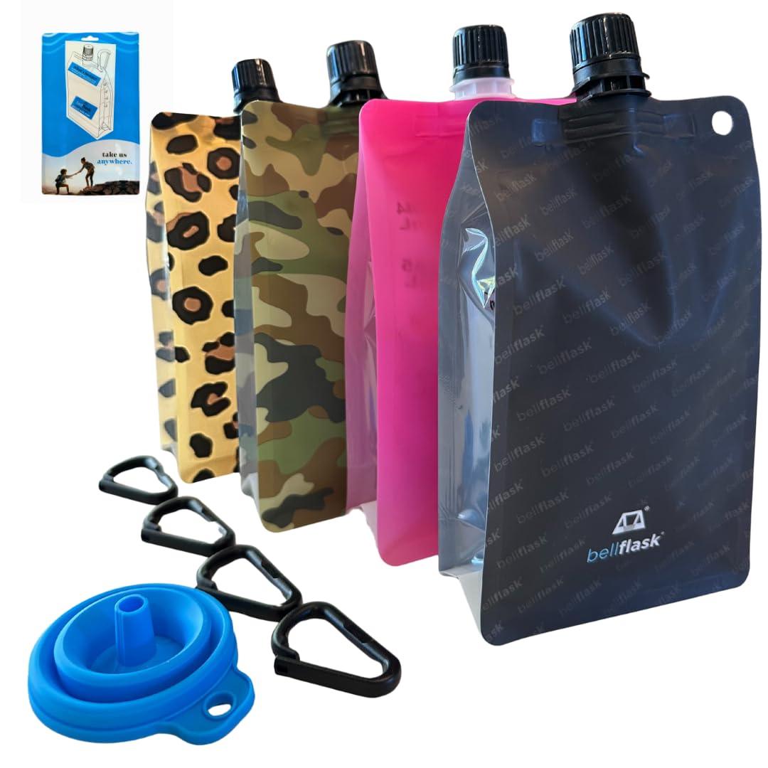 BellFlask - 15 oz. Plastic Flask, Patented, Flexible, Metal-Free, Reusuable, BPA-Free with Carabiner Clip and Filling Funnel