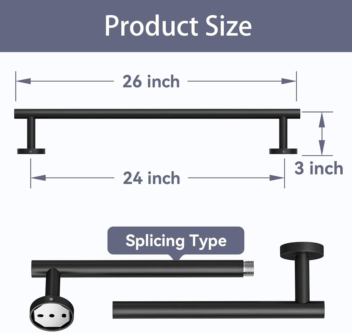 Skiennix Matte Black Towel Bar - 24 Inch Wall-Mounted Towel Holder | Durable SUS304 Stainless Steel