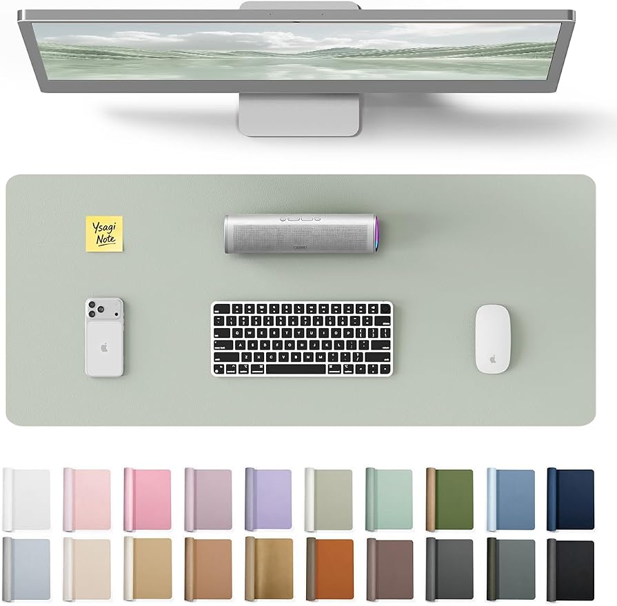 YSAGi Leather Desk Protector, Office Mat, Large Mouse Mat, Non-Slip PU Leather Blotter, Laptop Pad, Waterproof Writing Pad for Office and Home (Grayish Green, 23.6" x 13.8")