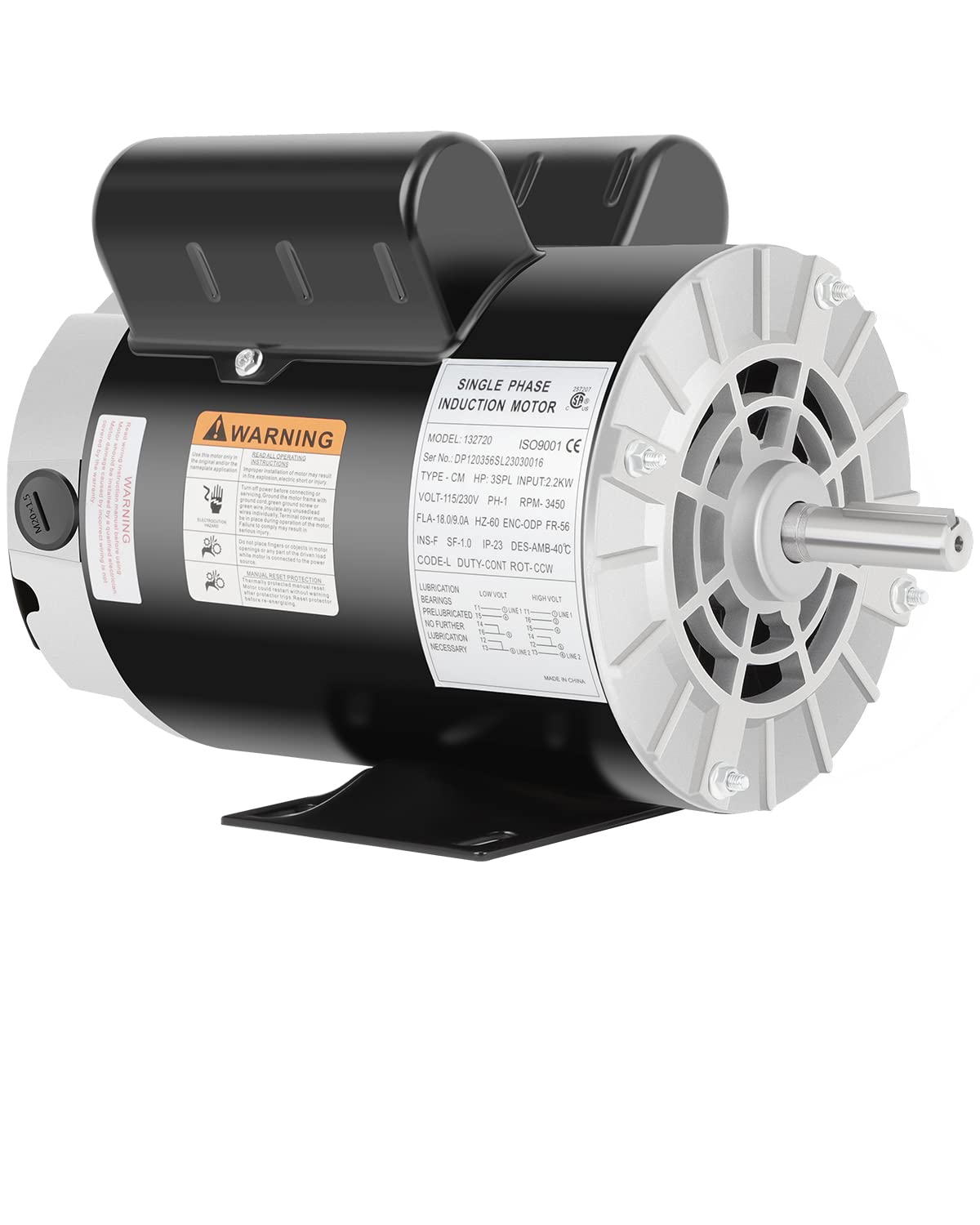 3 HP SPL Air Compressor Motor, 3450 RPM Electric Motor, 115/230V, 18/9A Single Phase, 56 Frame 5/8" Keyed Shaft, Commercial-Duty CCW Rotation, 1.88" Shaft Length for Air Compressors