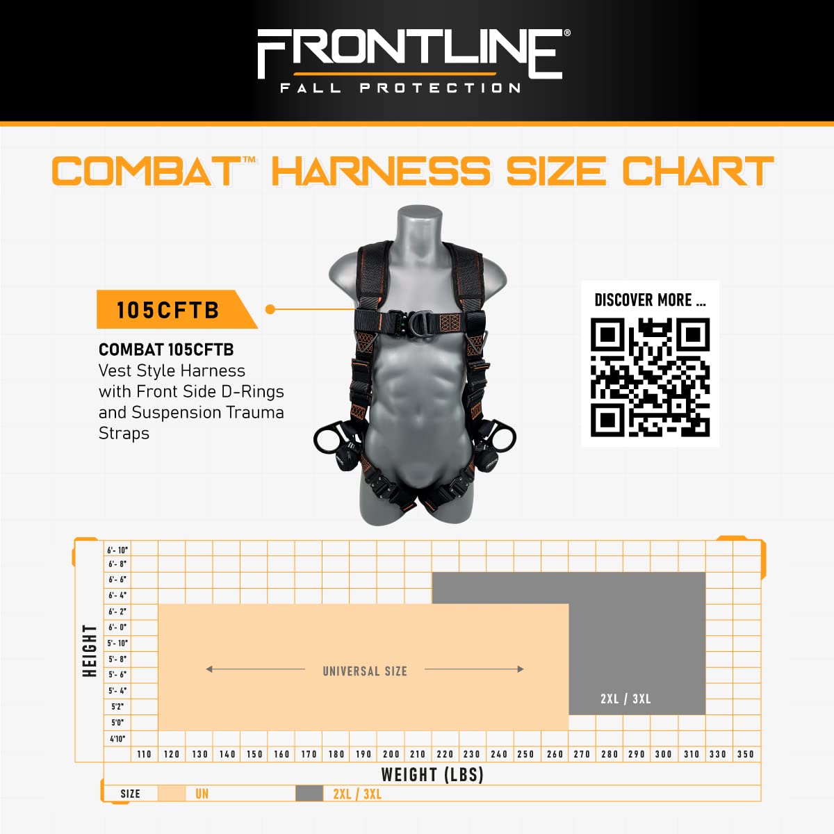 Frontline 105CFTB Combat™ Vest Style Harness with Front Side D-Rings and Suspension Trauma Straps | OSHA & ANSI Complaint (Universal Size)