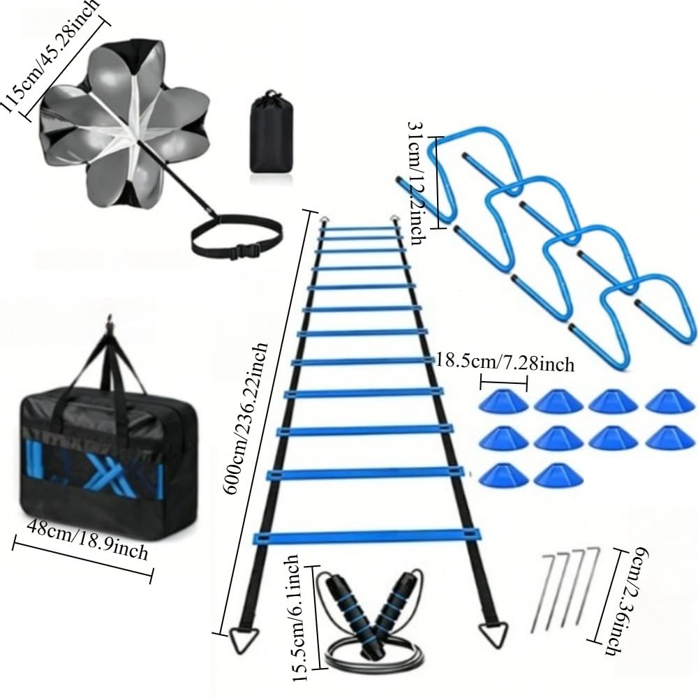 DZS Ladder Speed Football Training Equipment Set-20ft Agility Ladder，10Soccer Cones,4 Hurdles, Jump Rope, Running Parachute. Basketball Football Soccer Training Equipment for Kids Youth Adults.