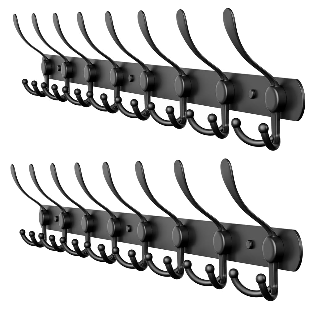 Coat Rack Wall Mount with 8 Tri Hooks, Stainless Steel 24 Inch – Black Matte Finish, Heavy Duty Wall Mounted Hook Rack for Coats, Hats, Towels, Scarfs, Robes, Bags, Entryway & Bathroom - 2 Pack